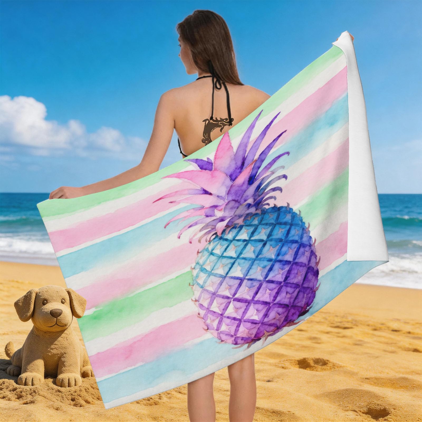 Leichong 3D Watercolor Pineapple Beach Towel Microfiber Soft Quick Dry for Adults, Fruits Bath Towel Lightweight Soft Absorbent for Travel Swimming Pool Sports, 75 x 150 cm