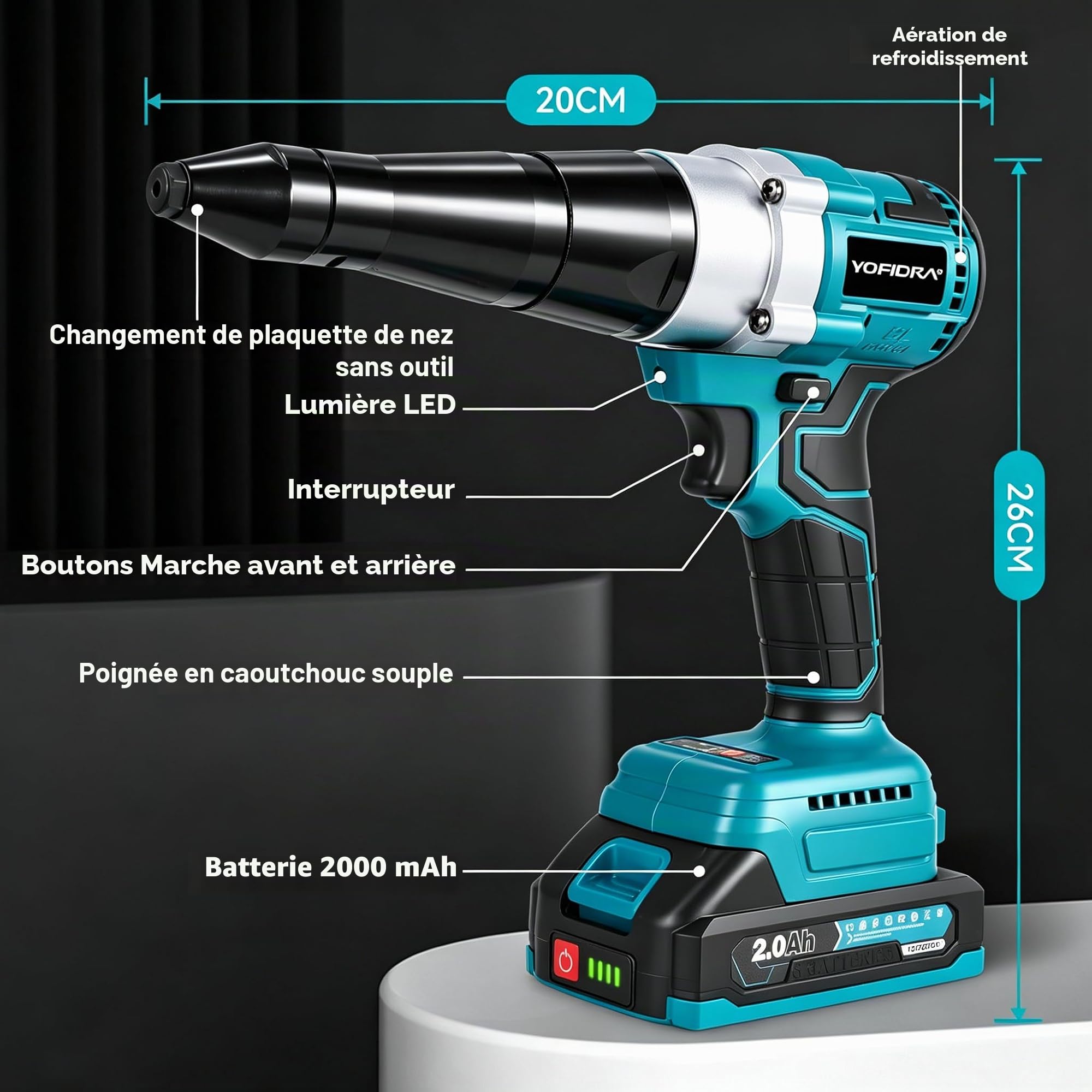 Yofidra Riveteuse Électrique sans Fil, 2x2.0Ah Batteries, Moyeu max. 20mm | Pince a Rivet Électrique avec sans Balais 800W, 20,000N, pour Rivets Aveugles en Acier/Aluminium de 2.4-5.0mm
