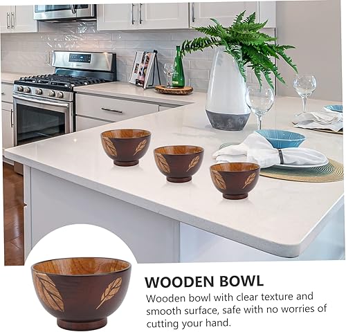 Miniatura 3 de BESTOYARD Tazón de madera con hojas, cuenco de madera maciza, tazón de ensalada, tazón de sopa asiático, cuencos de arroz, tazón de comida japonesa,