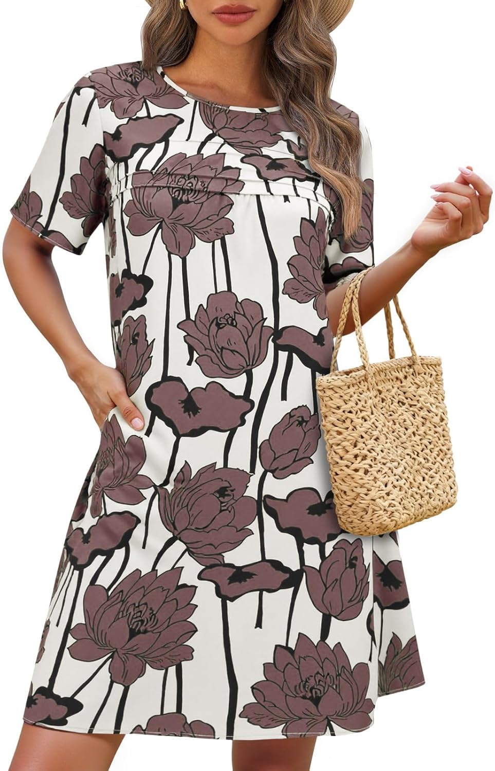 Womens Summer Casual Floral Mini Dress Short Sleeve Pleated Front Loose Beach Tunic Dresses with Pockets
