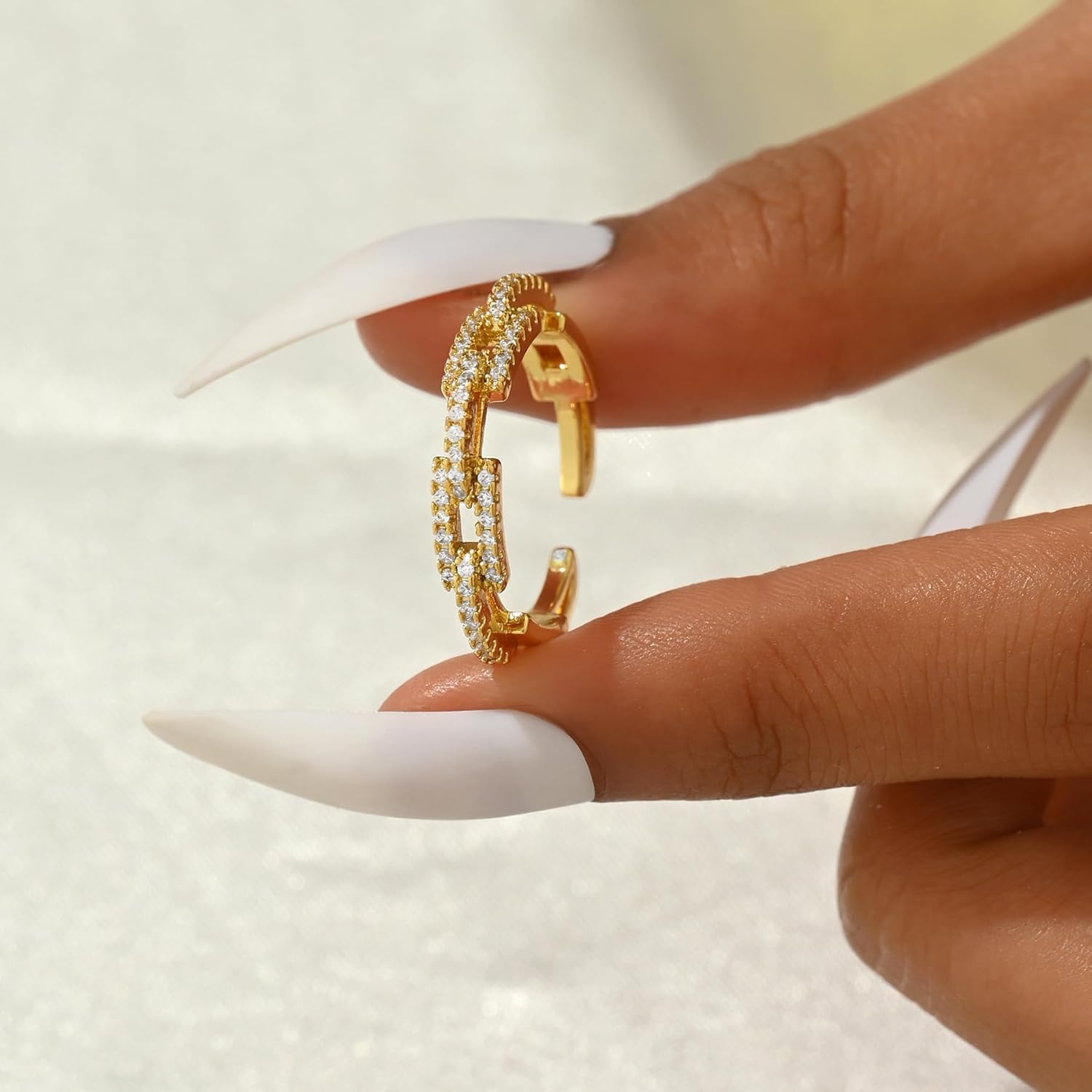 Open Stackable Rings for Women 18K Gold Plated Dainty Cubic Zirconia Wave Cuban Link Chain Flower Feather Hollow Out Adjustable Stacking Rings Wedding Jewelry Gifts - Image 4