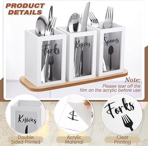 Miniatura 3 de Gejoy Soporte acrílico para cubiertos con bandeja de madera, cuchara, tenedor, cuchillos, dispensador de cubiertos para mesa de cocina, encimera,