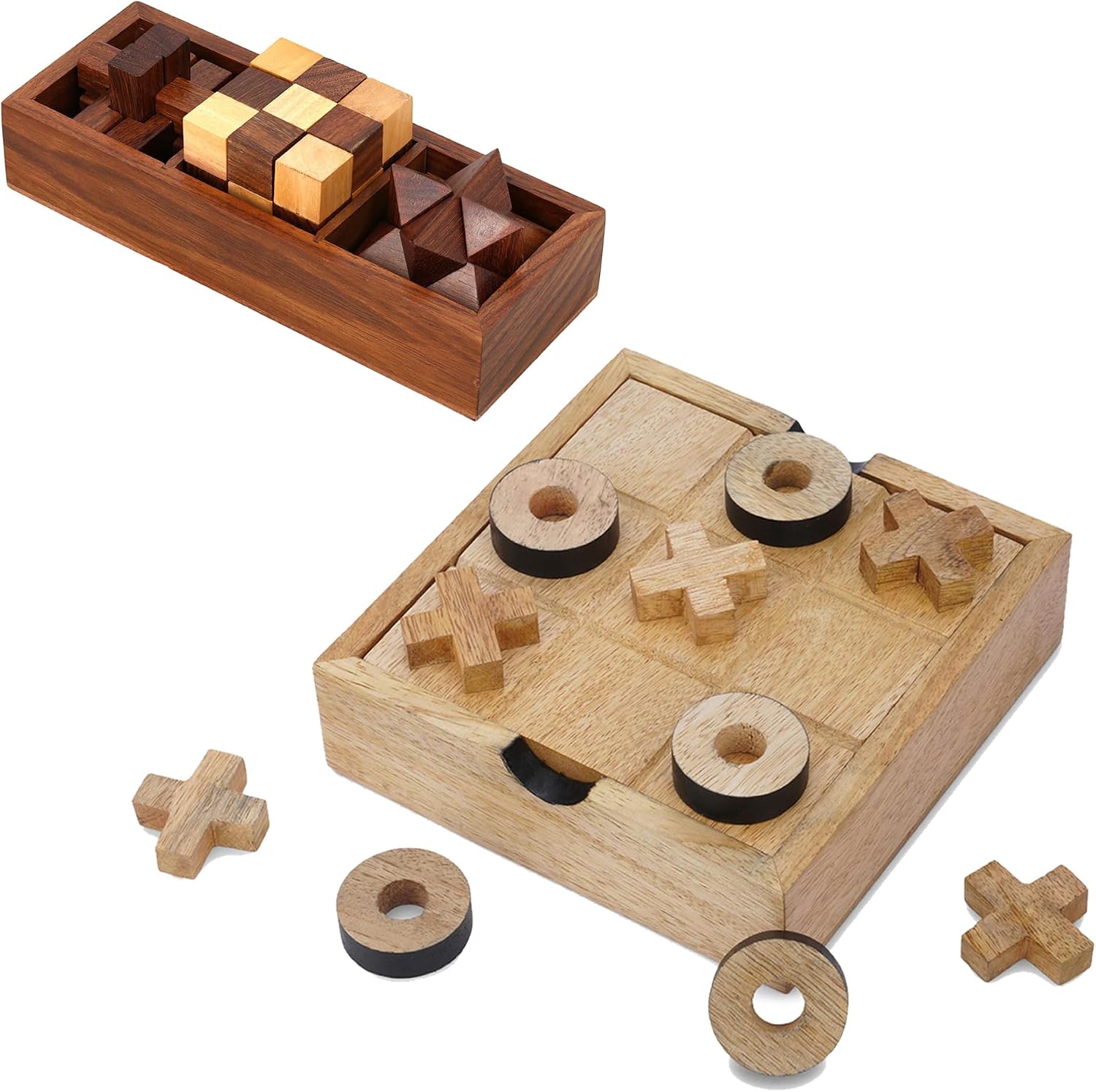 Ajuny Tic Tac Toe & 3-in-1 Wooden 3D Puzzle Games Set – Classic XO Board with Decorative Storage Box (5.5 Inch) & Brain Teaser Logic Puzzles with Wooden Tray, Coffee Table Décor & Travel Gift for Kids