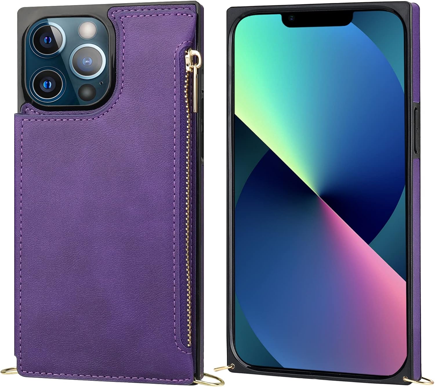 Bocasal Crossbody Wallet Case for iPhone 13 Pro with RFID Blocking Card Slot Holder, Magnetic Flip Folio Purse Case, PU Leather Zipper Handbag with Detachable Lanyard Strap 6.1 Inch 5G (Purple)