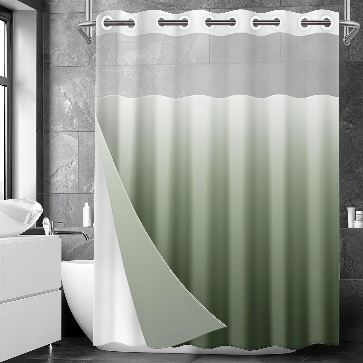 No Hook Ombre Sage Green Shower Curtain with Snap in Fabric Liner Set, Modern Design Double Layers Waterproof Fabric with See Through Top Window Open Grommet Bath Curtain 71x74 Inch