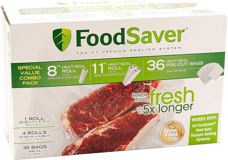 Special Value Combo Pack FoodSaver 8" & 11" Rolls & 36 Heat-Seal Pre-Cut Bags BPA free