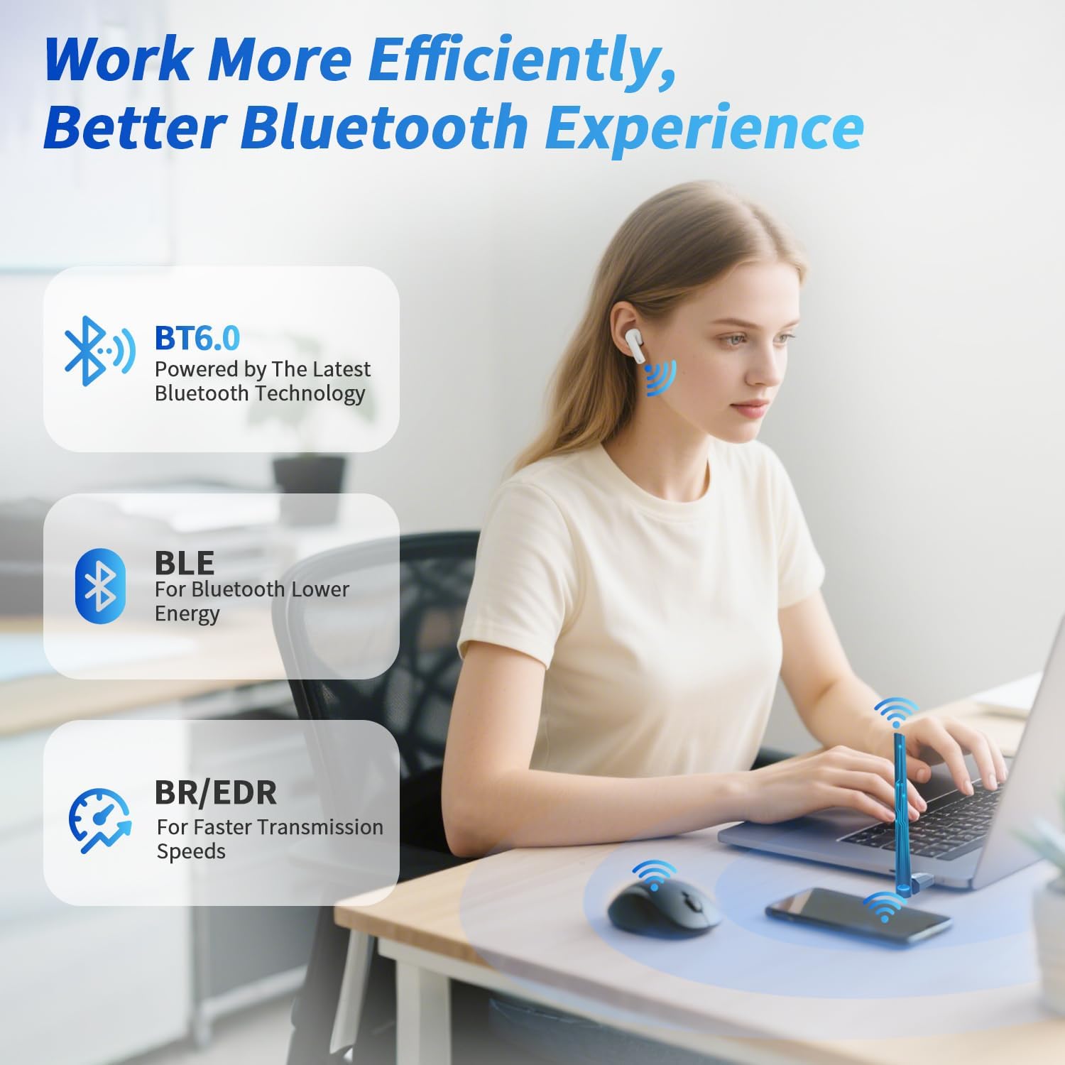 Office environment showing the Krisnorey BT609 adapter extending Bluetooth signal coverage up to 200 meters with 90 and 270 degree rotation options, power amplifier, and 5dBi high gain antenna.