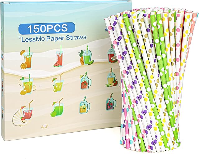 LessMo 150 PCS Paper Drinking Straws, Recyclable Drinking Straws, Plastic-Free, Eco-Friendly-Great for Cocktails, Cold Drinks & Juices | Suitable for Parties, Weddings