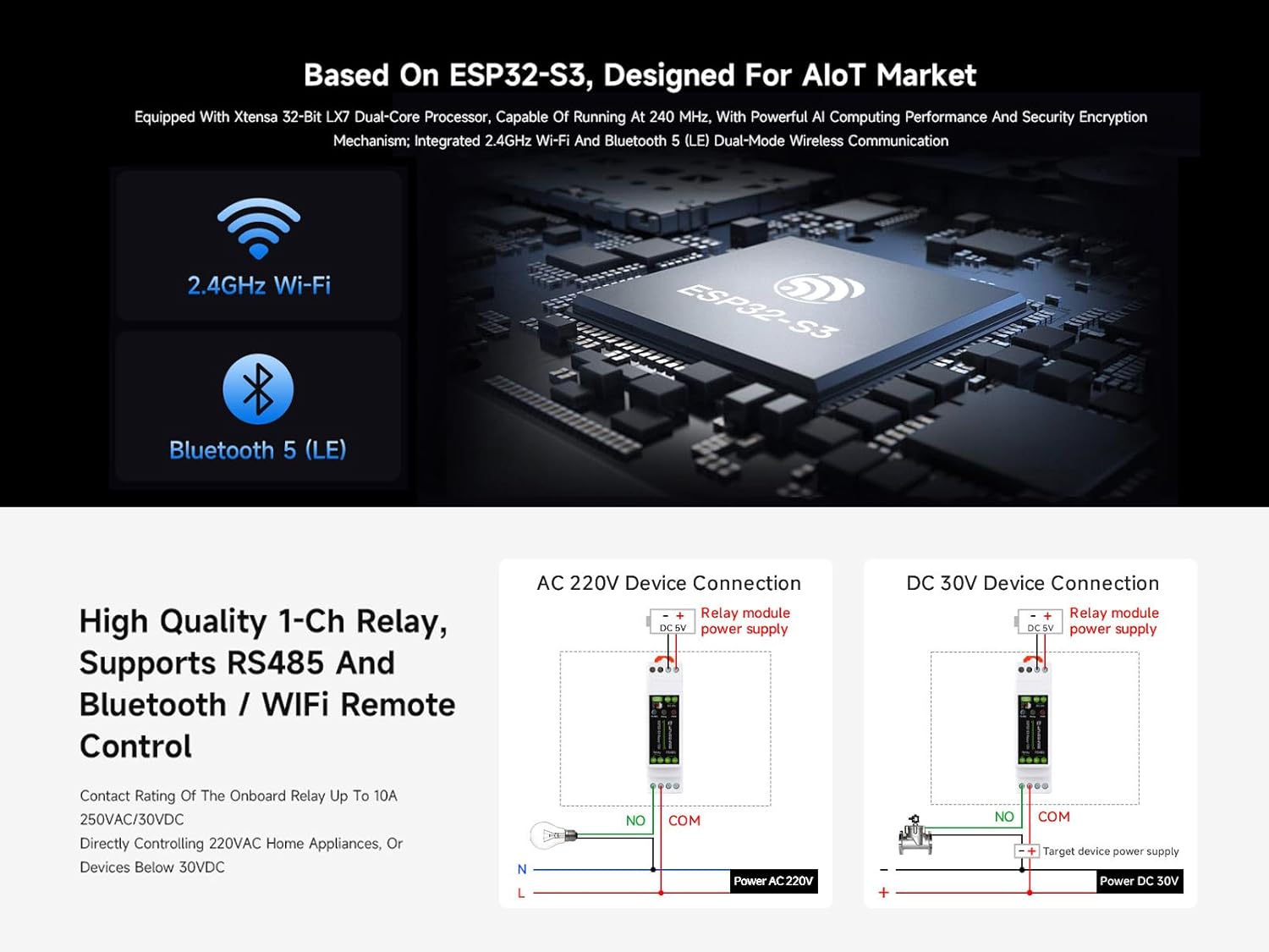 Industrial 1-Ch ESP32-S3 WiFi Relay Module, Supports RS485/WIFi/Bluetooth Control, Contact Rating of Relay up to 10A 250VAC/30VDC, with Multiple Isolation Protection Circuits, Rail-Mount Case