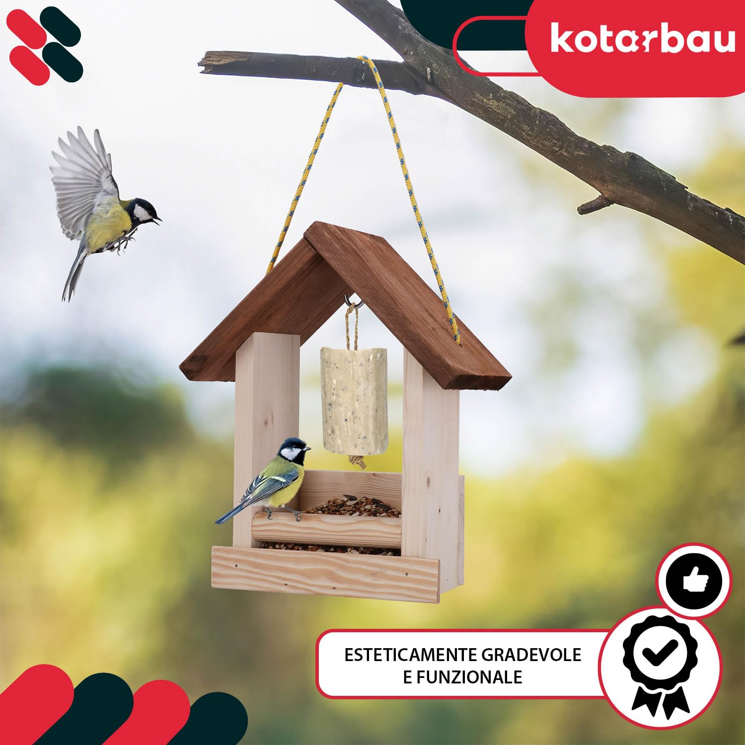 KOTARBAU® Mangiatoia da Esterno in Legno - Casetta Per Uccelli - 36 x 27,5 x 30 cm - Legno Bruciato Chiaro - Mangiatoia Uccelli Selvatici - Da Esterno Con Cibo 0.5 kg