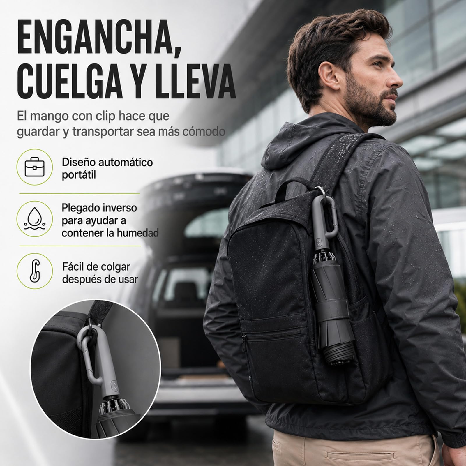 Starmguard Reverse Umbrella, Paraguas Plegable Invertido Automático, Resistente al Viento, Banda Reflectante