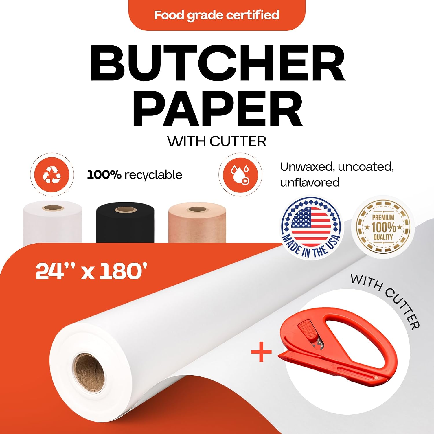 White Butcher Paper 24" x 2160" (180 feet) with Cutter - USA-Made