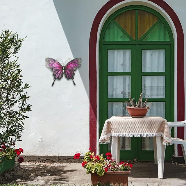 LIFFY Metal Butterfly Wall Art Hanging Glass Butterflies Garden Outdoor Decor for Home Backyard Fence Patio Decorations (Pink, 12 inch)