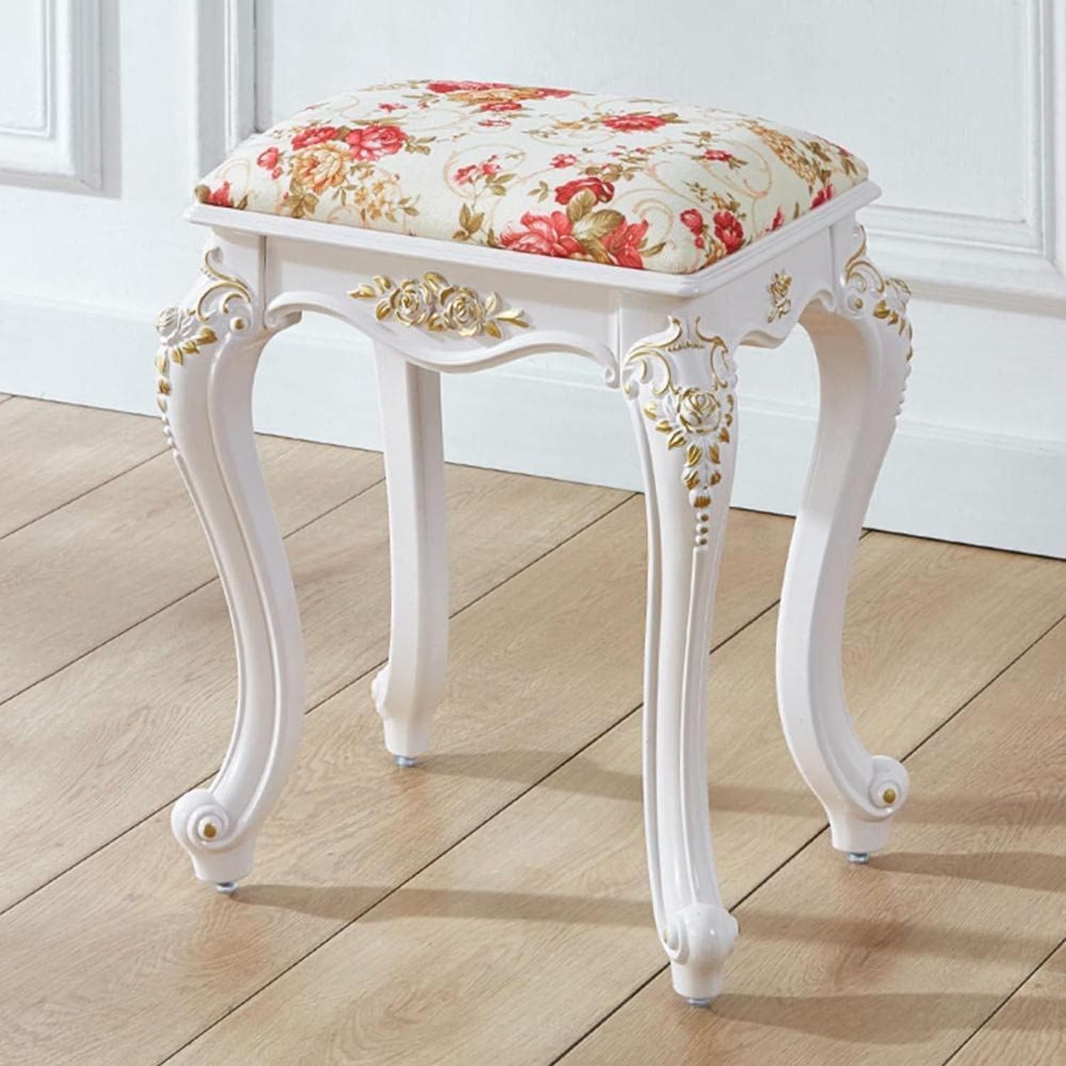 化粧台用椅子 化粧椅 椅子単品 家庭用 白色 木制 猫足 クッション付き 小型正方形 鏡台に最適 (金彩仕上げ紅花ベルベット)