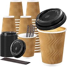 Lamosi 10 oz Disposable Coffee Cups with Lids, 50 Pack Insulated Hot Cups To Go Paper Coffee Cups with Lids and Straws, Corrugated Ripple Wall Cup for Hot Drink, Office, Coffee Bar Champagne