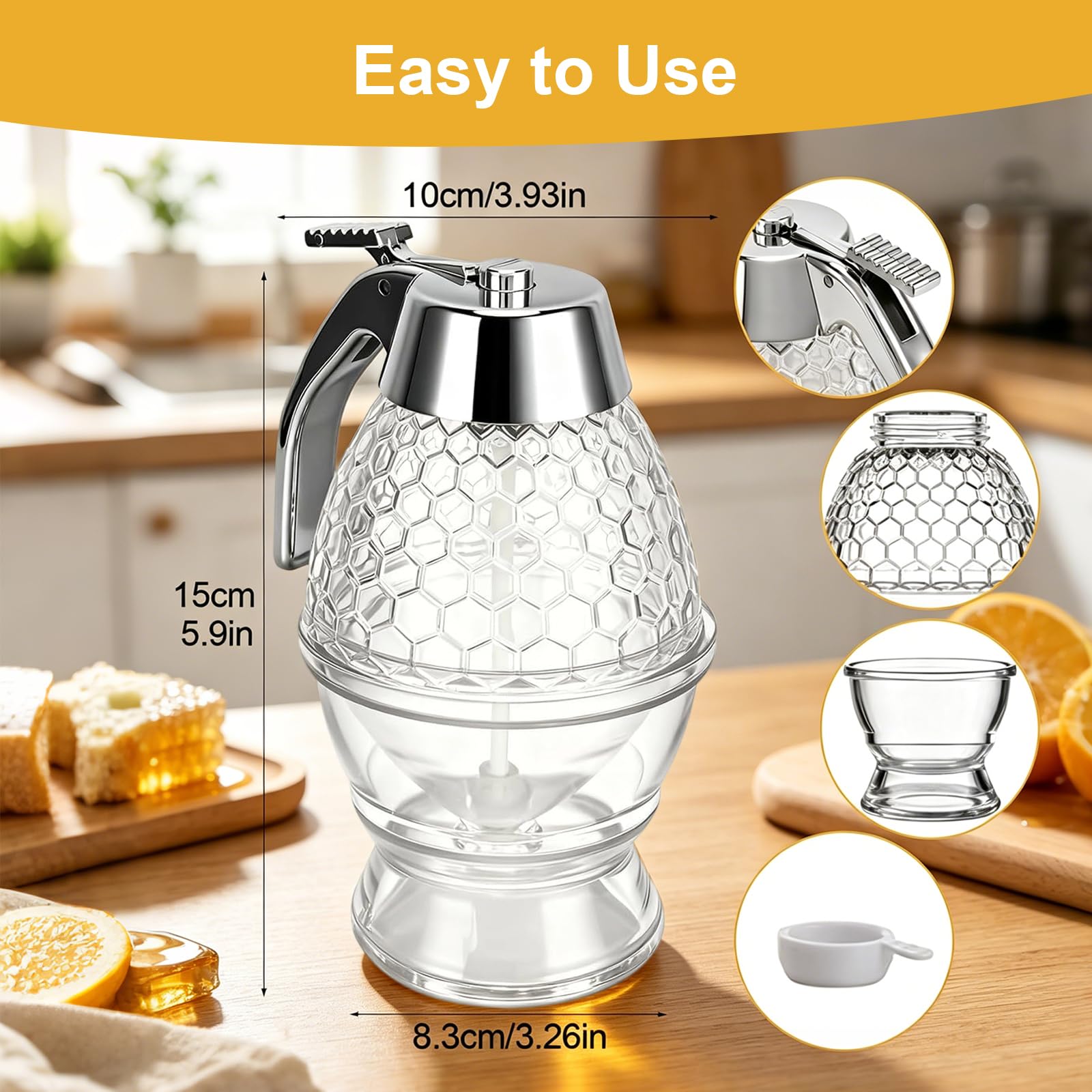 Dispenser per Miele in Acrilico con Base e Manico, Contenitore per Miele e Sciroppo Anti-Goccia, Dosatore per Cucina, Colazione e Pasticceria, Capacità 237 ml