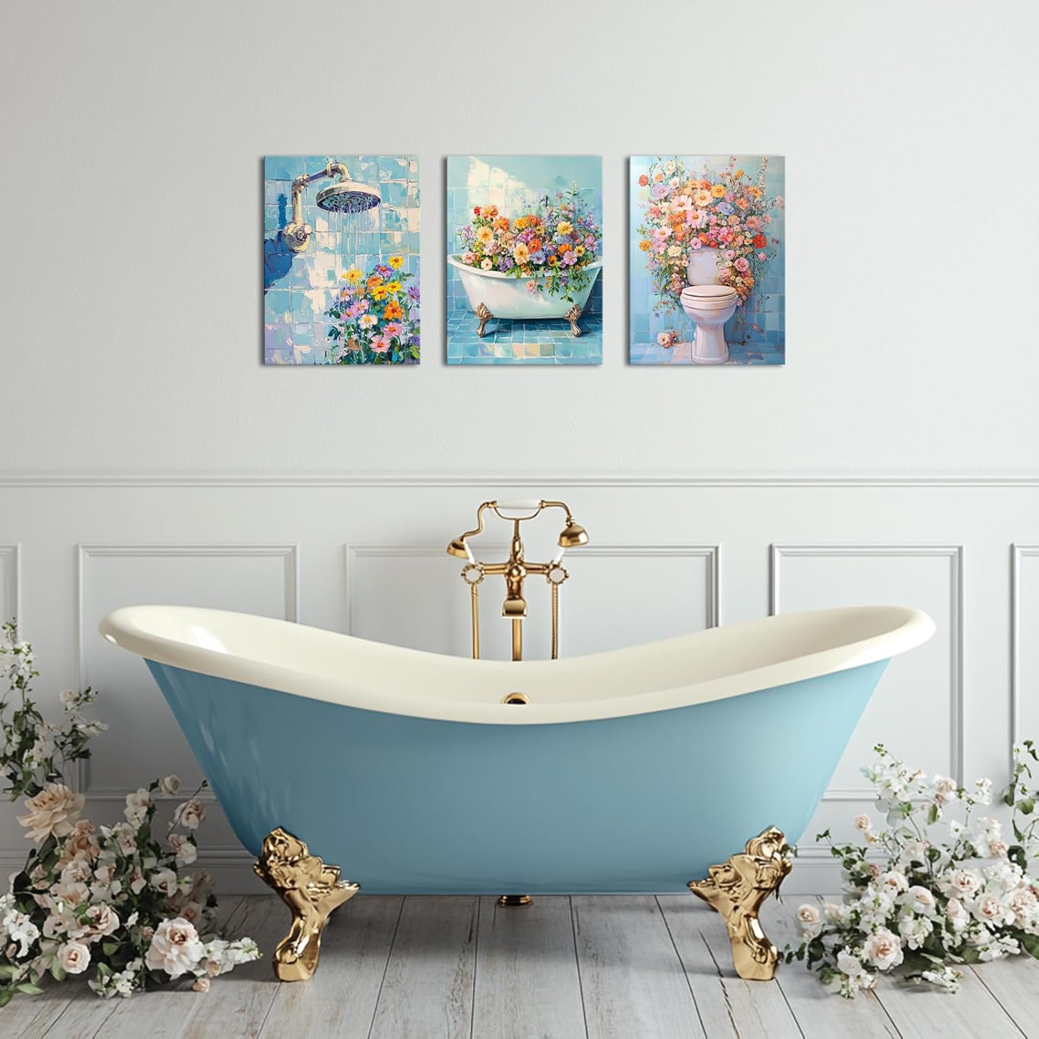 LyerArtork 3 Pieces Bathroom Wall Art Canvas Prints Botanical Floral Pictures Shower Bathtub Toilet with Colorful Flowers Painting Blue Wall Decor for Bathroom Shower Room 12"x16"x3