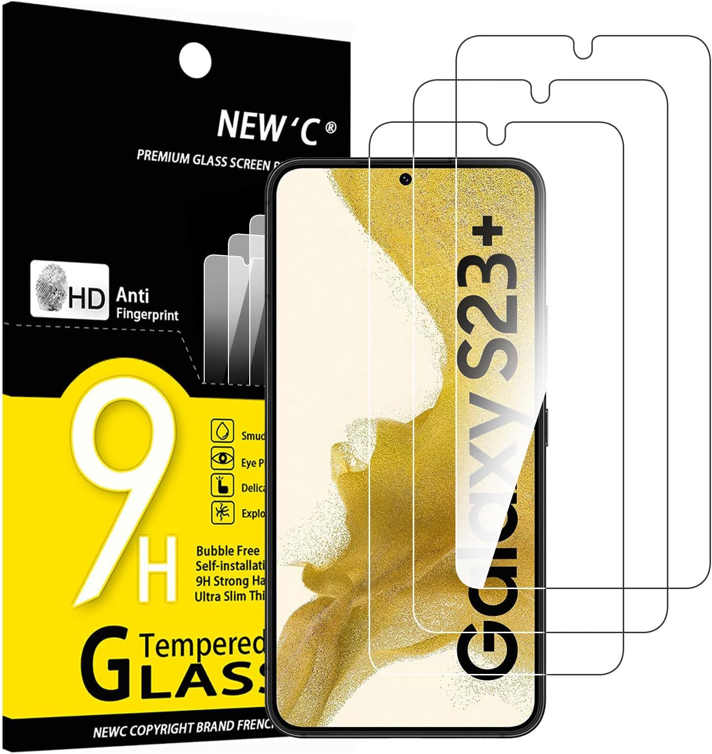 NEW'C 3 Pack Designed for Samsung Galaxy S23 Plus / S23+ Screen Protector Tempered Glass, Scratch Resistant, Bubble Free, Ultra Resistant