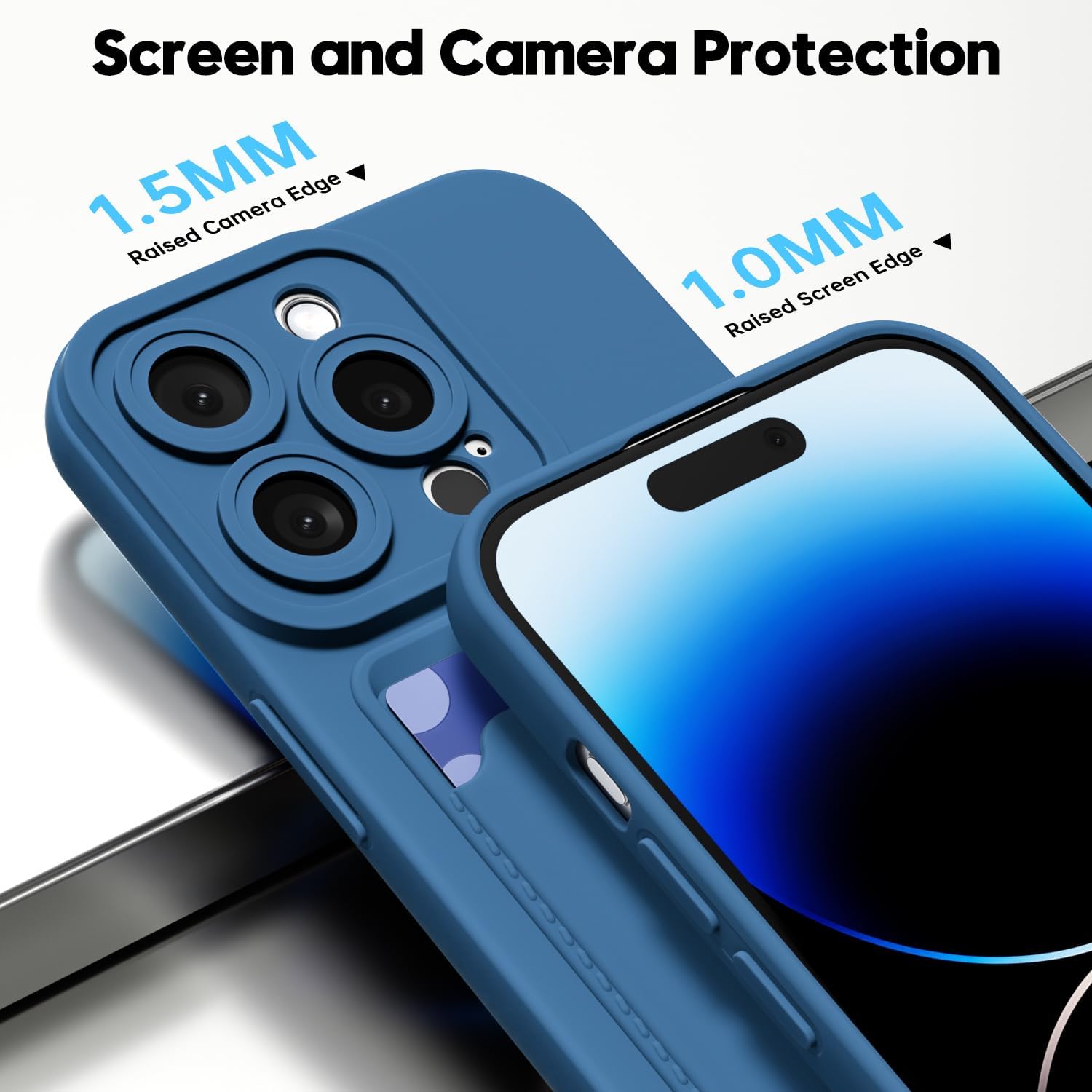 oakxco for iPhone 14 Pro Case with Card Holder, Cute Silicone Wallet Phone Case with Credit Card Slot, Soft Rubber Thin Slim Purse for Women Men with Shockproof Camera Cover Protection, Navy Blue - Image 4