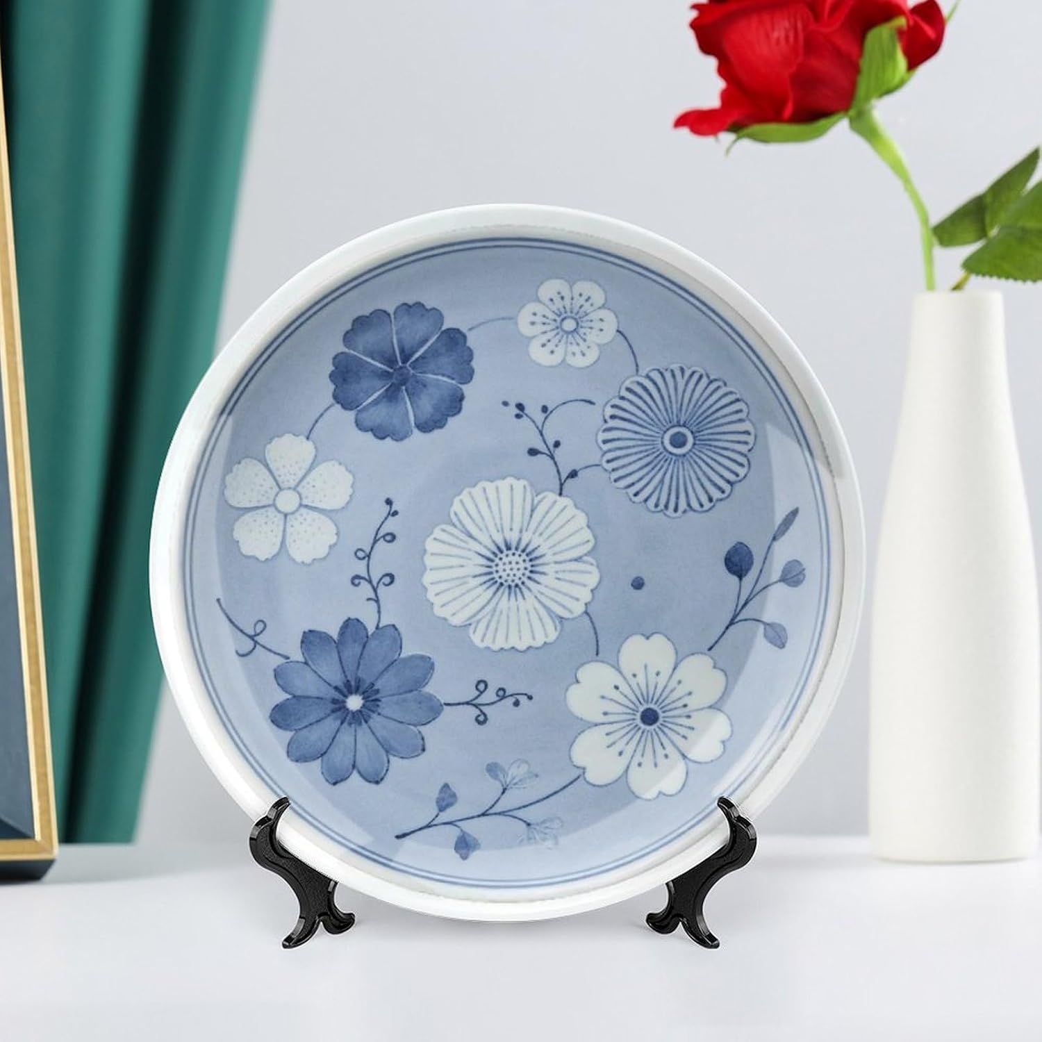 Blue White Porcelain Plate Art, Blooming Flowers Courtyard Miniature for Cozy Nook Bone China Decorative Plate, 10inch Wall Art Home Decor