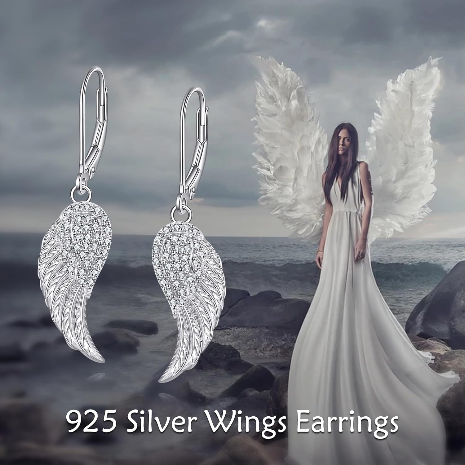 Angel Wing Earrings for Women 925 Sterling Silver Wings Drop Earrings Guardian Angel Dangle Leverback Jewelry Gift