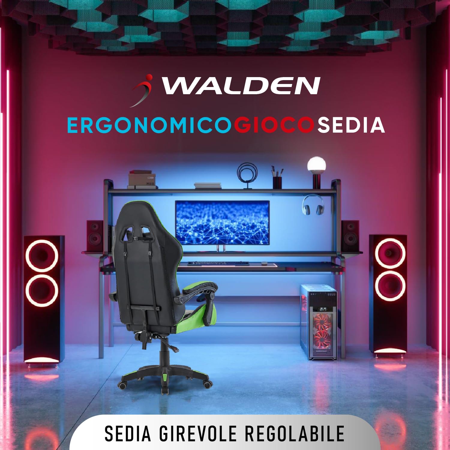 Walden Sedia da gaming, ergonomica, da ufficio, da gaming, schienale regolabile, sedia girevole da corsa, ufficio, computer, ergonomica, videogioco (Verde)