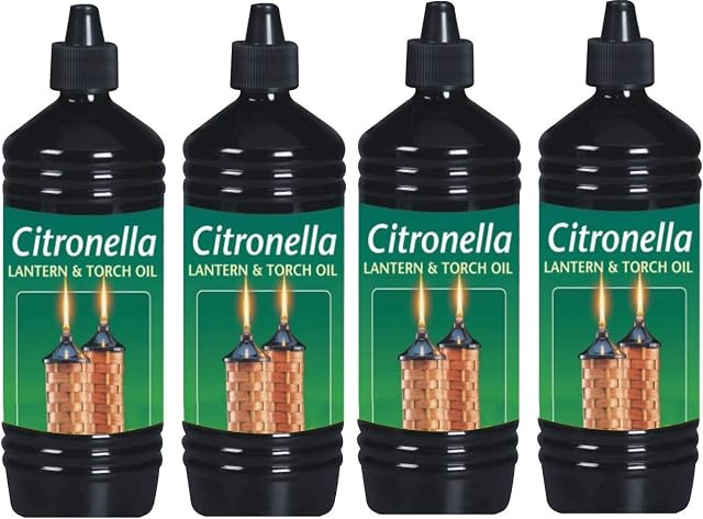 CUQOO Scented Citronella Lantern Torch and Lamp Oil In 1L - Citronella Oil For Garden Burners, Garden Torches, Oil Lamps, Tiki Torches - Insect Repelling Citronella Oil For Outdoor Lamps (4 Pack)