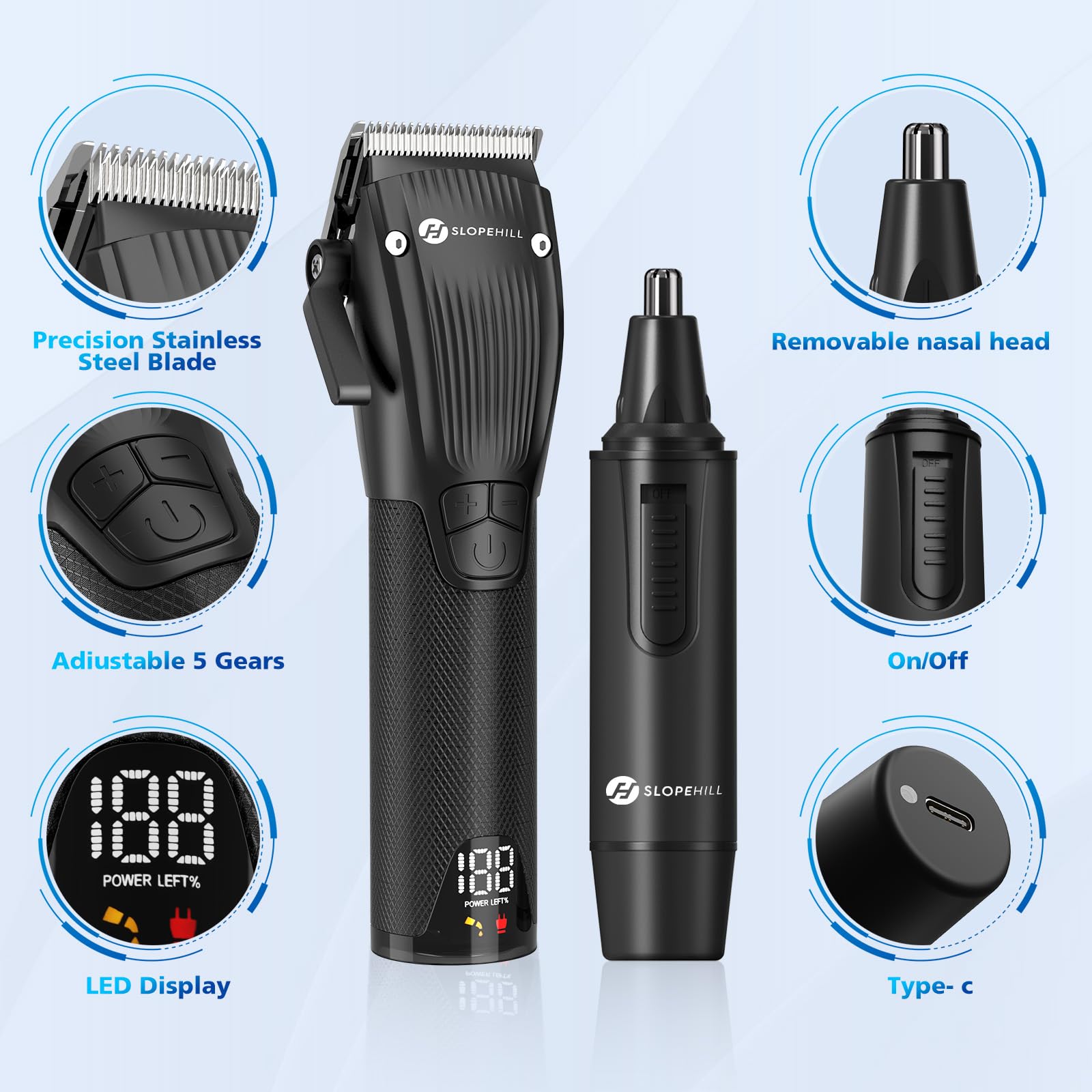 Profi Haarschneidemaschine und Nasenhaartrimmer Set für Herren - Slopehill Schnurloser Haarschneider Mit LED -Anzeige, Haartrimmer Nasenhaarschneider Kit für Männer
