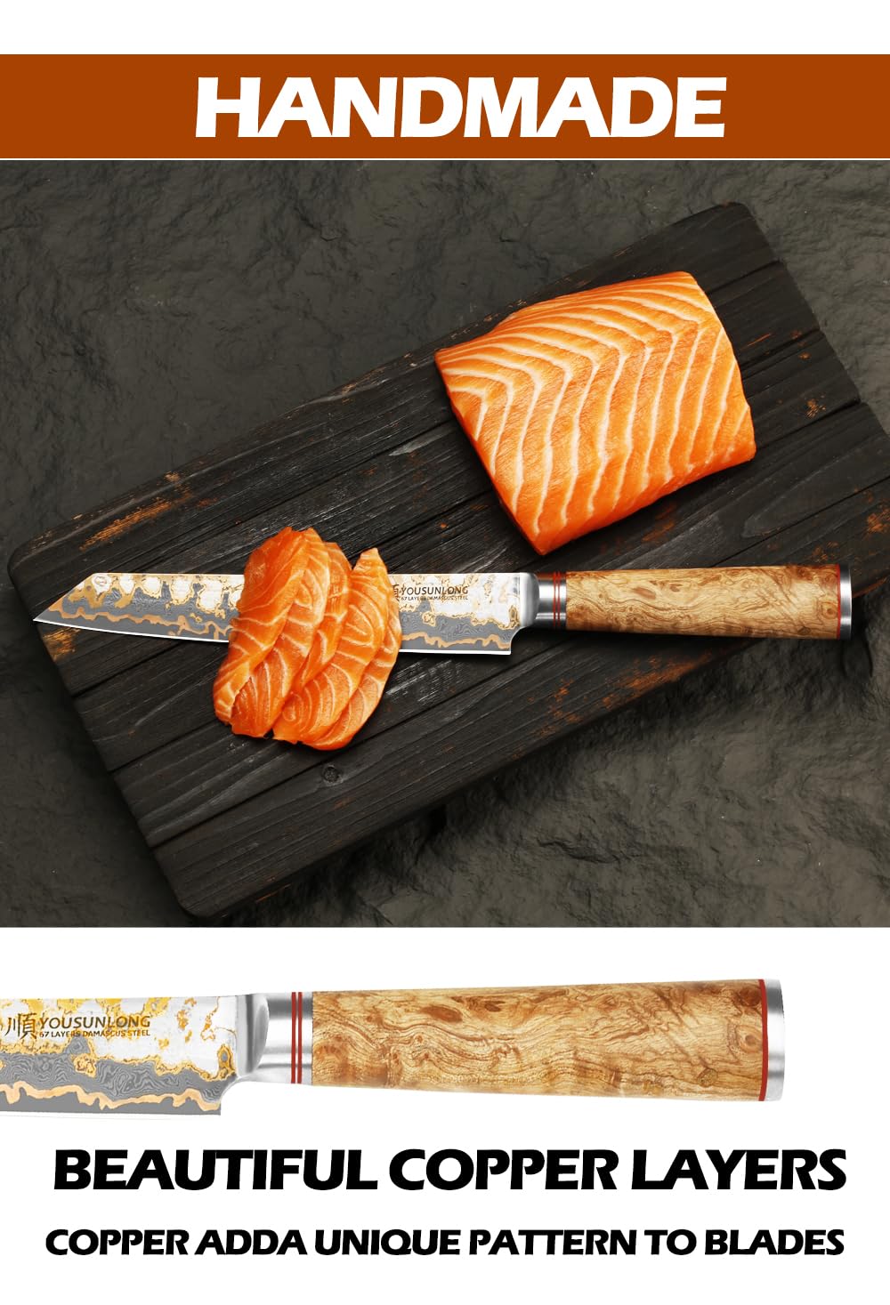 YOUSUNLONG Couteau à trancher Sujihiki - Couteau à Sashimi Sushi 205mm - Acier Damas Cuivre fait main - Couteaux à découper japonais Yanagiba - Manche en bois de ronce naturelle avec cuir