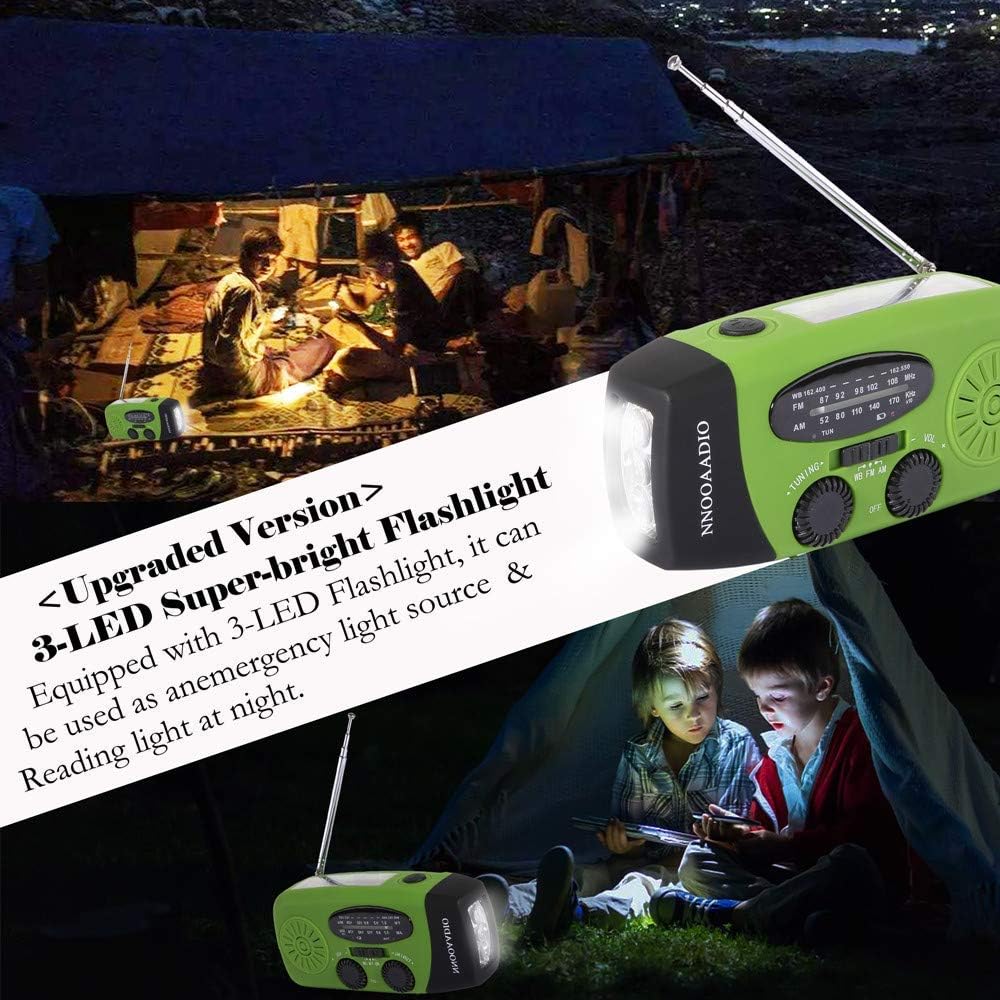 1200mAh Emergency Weather Radio, 3LED Hand Crank Solar Battery Operated Wind Up Radio Flashlight, NOAA AM FM Portable Radio Cell Phone Charger Survival Kit (Green) : Electronics