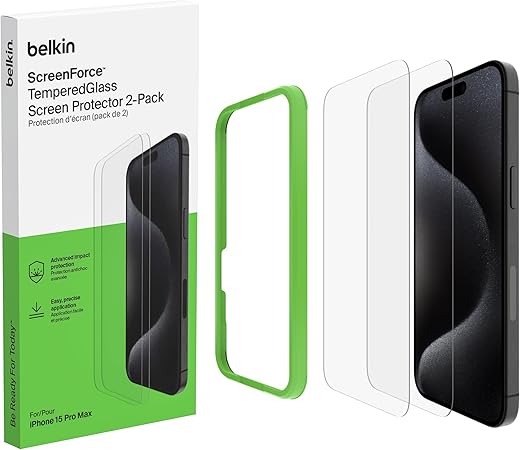 Belkin Tempered Glass Screen Protector Guard for iPhone 15 Pro Max with Easy Installation Frame – 2 Pack