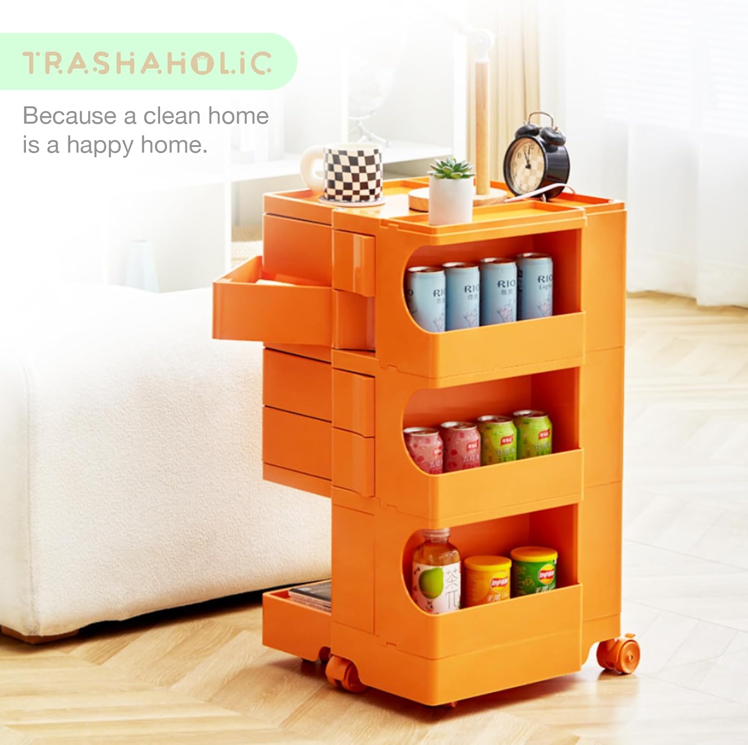 Multipurpose Utility Storage Cart - Industrial Storage with Wheels and Slide Out Drawers - Professional Trolley Cart - Portable Caddy for Salon Supplies, Kitchen Needs, Medical Tools - Tropical Orange