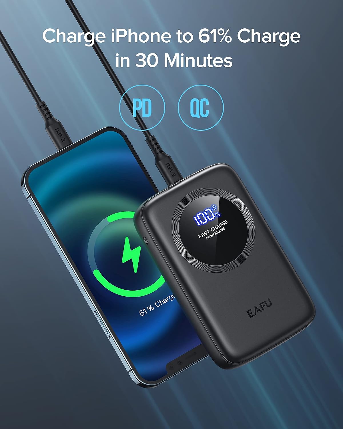 EAFU Portable Charger, 20W PD3.0 QC4.0 Fast Charging USB C Power Bank, 12000mAh LED Display 3 Outputs Battery Pack with Flashlight Compatible with iPhone 12 11 X Samsung S20 Google LG iPad Tablet etc
