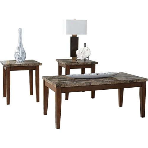 Signature Design by Ashley Theo Contemporary Faux Marble 3-Piece Occasional Table Set, Includes Coffee Table and 2 End Tables, Brown