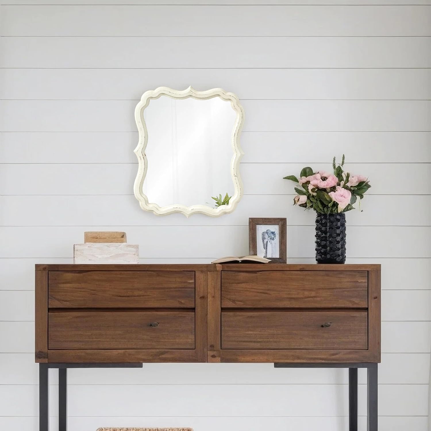 Rustic White Small Scalloped Wall Mirror 12" x 15", Mirror Wall Decor, Decorative Wall Mounted Mirrors, Bathroom Mirrors for Vanity, Distressed Finish Vintage Wall Mirror for Living Room