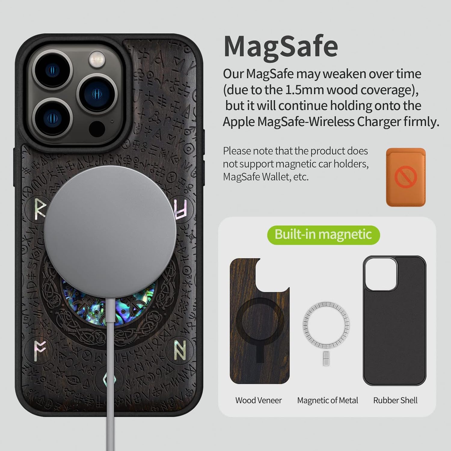 Carveit Designer Wooden Protective Magnetic Case for iPhone 14 Pro Case [Wood Engraving & Shell Inlay] Unique Wood Phone Cover Compatible with 14 Pro MagSafe 6.1 Inch (Viking-Blackwood)