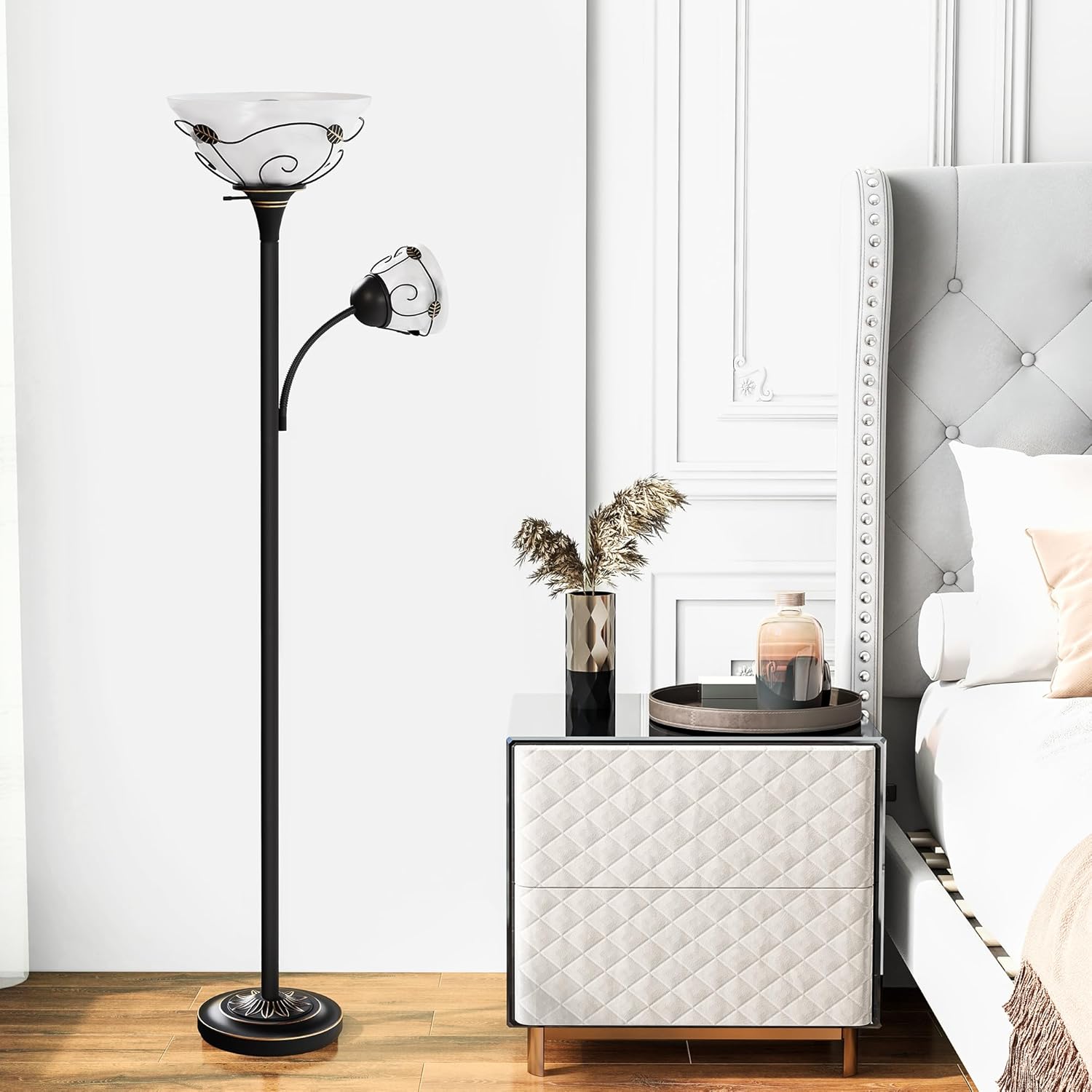 DWVO Torchiere Floor Lamp with Sidelight for Reading Home Decor, 71" Floor Lamp with Glass Shade for Bedroom, Living Room Office (Bulbs not Included)