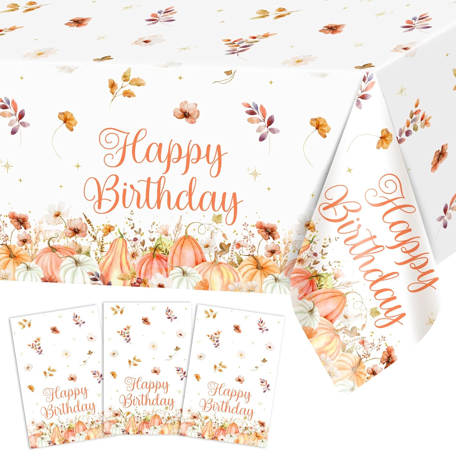 Avezano 3 Pcs Fall Birthday Party Decorations Pumpkin Birthday Tablecloth for Party Disposable Fall Tablecloths Thanksgiving Party Supplies 108 x 54 Inch