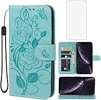 Vista 11 de Funda para iPhone XR con protector de pantalla de vidrio templado, funda de cuero con diseño de flor para tarjeta de crédito con soporte para iPhone