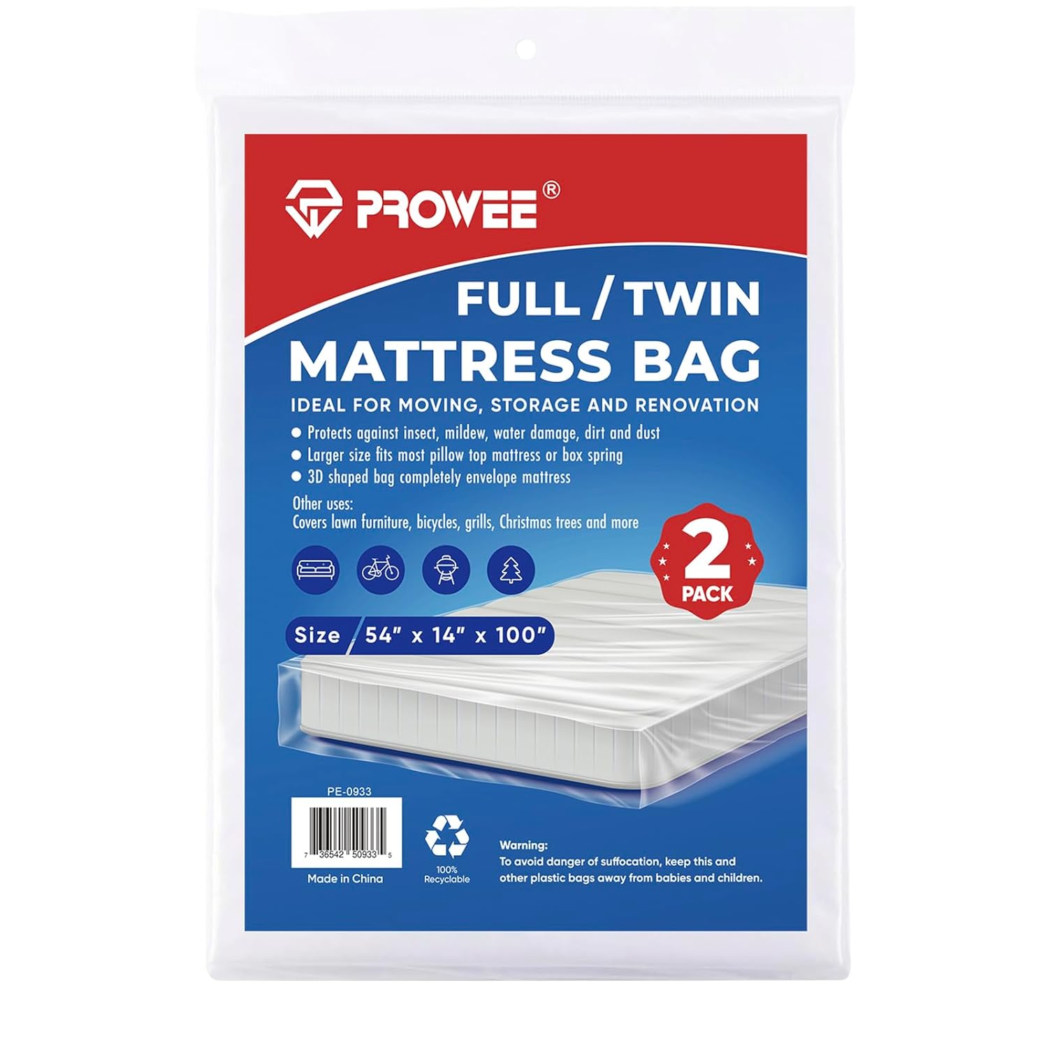 2 PK Twin Full Mattress Bags for Moving Storage Waterproof Plastic Full Size Mattress Cover for Moving Clear