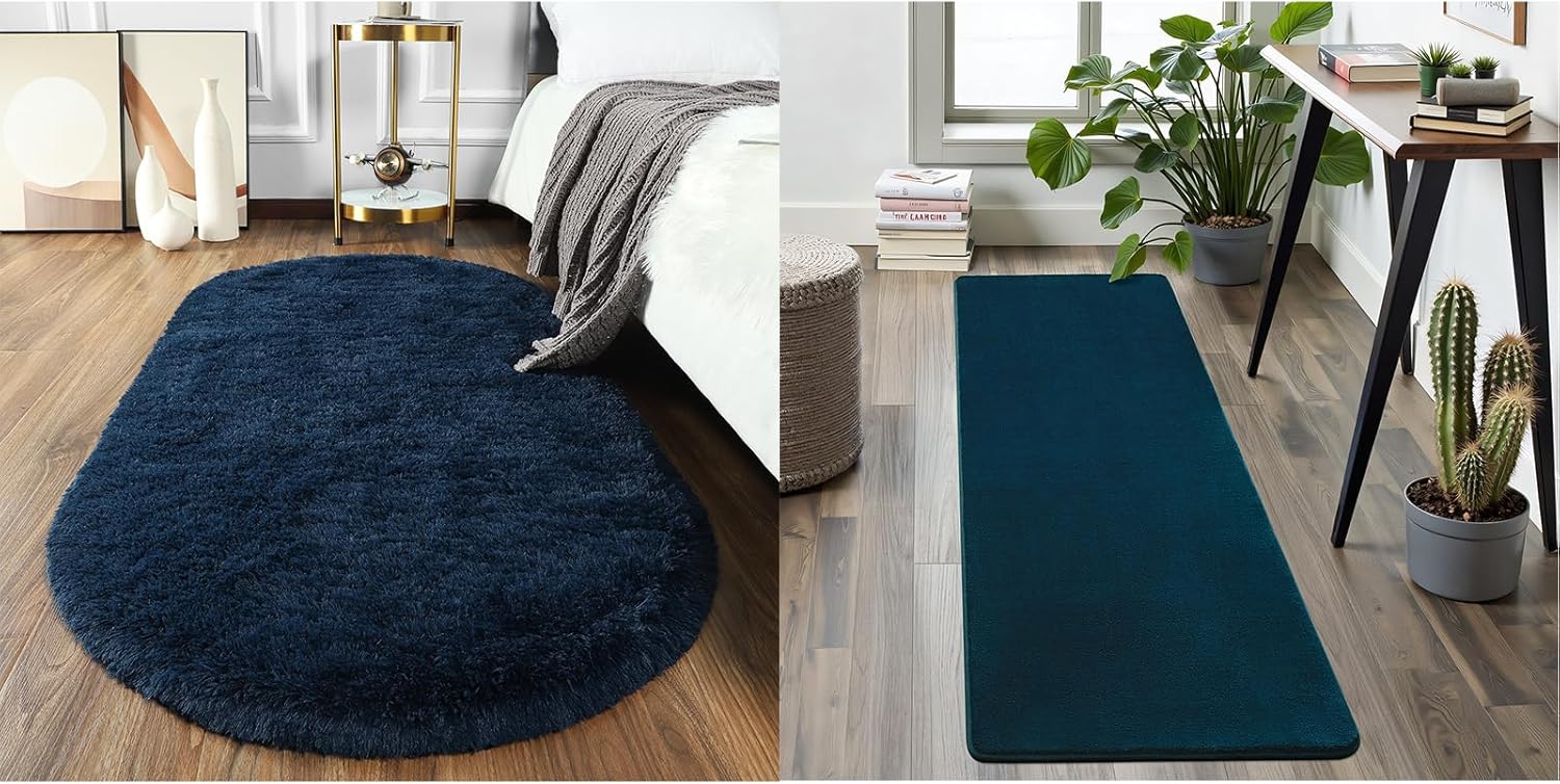 Softlife 2.6 x 5.3 Feet Fluffy Oval Rugs and 2x6 Feet Low Pile Runner Rug for Bedroom, Shag Cute Area Rugs for Girls and Kids Baby Room Home Decor Indoor Carpet for Nursery Dorm Living Room, Navy Blue