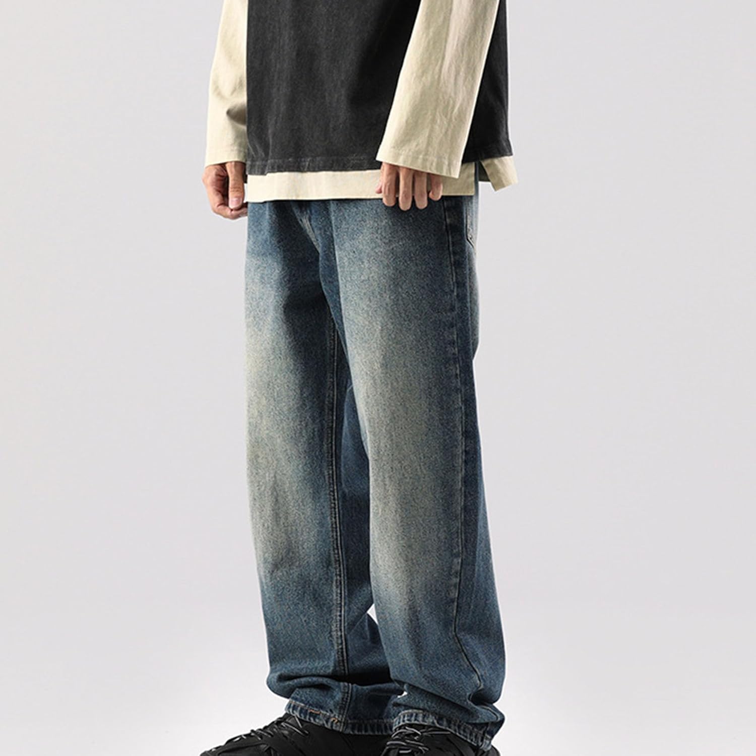 Men's Classic Baggy Jeans Loose Fit Vintage Casual Trousers Hip Hop Straight Wide Leg Denim Pants