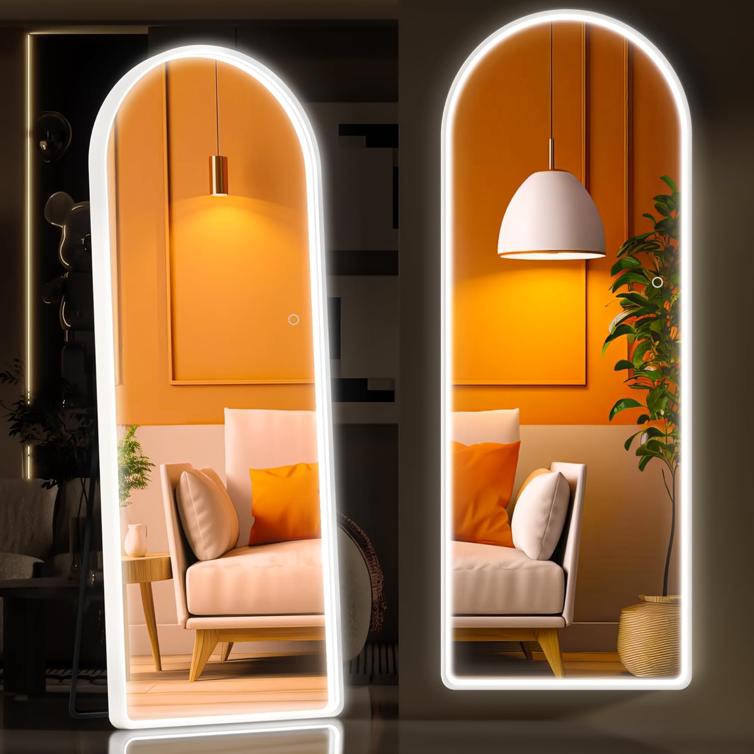 hasipu arched full length mirror with lights, 56" x 16" lighted full body mirror with stand, dimming 3 colors & brightness adjustable, bedroom cloakroom living room, white modern arch metal frame white 57"l x 16"w