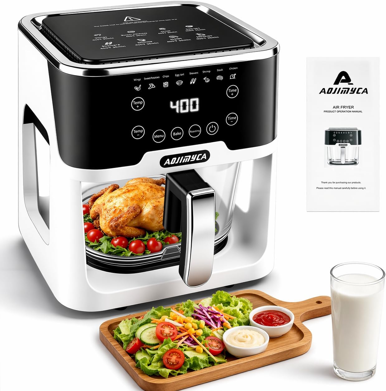 Glass Air Fryer, Portable Air Fryer with 6.0QT Glass Container, Adjustable Temp & Time, Overheat & Power-Off Protection, 8-in-1 Non Toxic AirFryer for Quick Easy Meals(Luxury Black)