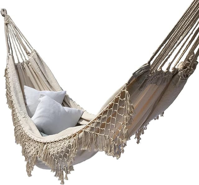 Ivory White Canvas Hammock Brazilian Double EXTRA-LARGE Tassels Outdoor Indoor Garden Camping Portable Natural Cream