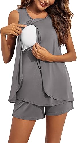 Miniatura 2 de Ekouaer Conjunto de pijama de lactancia para mujer, ropa de dormir de doble capa, sin mangas, top y pantalones cortos, pijamas de embarazo