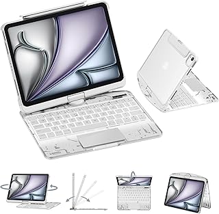 GUSGU Transparent Case with Wireless Keyboard for iPad Air 13-in.(M3/M2, 2025/2024), 7 Colors Backlight, Trackpad, 360°Rotating Stand for iPad Pro 12.9-in (6/5/4/3 Gen), Tech Style