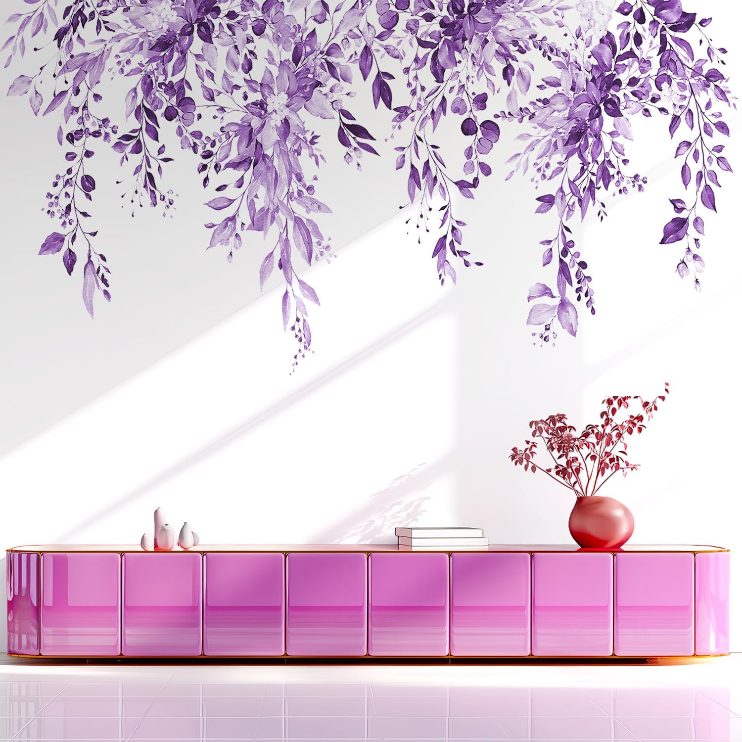 Purple Plants Leaves Wall Decals Peel and Stick, Floral Flowers Wall Stickers, Removable Vine Home Decor Art for Bedroom Living Room Classroom Office