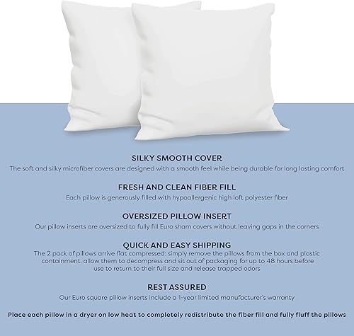 Miniatura 2 de Relleno de almohada cuadrado europeo de 27 x 27 pulgadas (paquete de 2, blanco), relleno de fibra con funda de poliéster de alta calidad