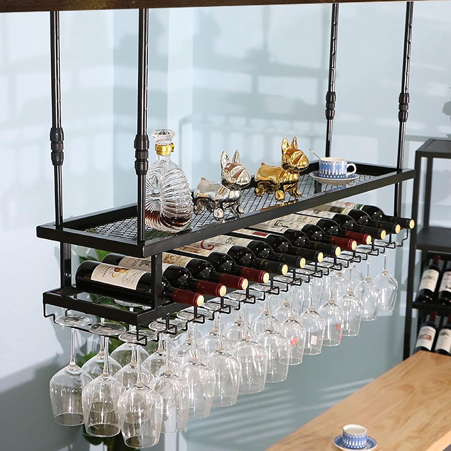 Hanging Wine Glass Holder Ceiling Mounted Hanging Iron Wine Rack,Adjustable Height,2-Layer Storage Rack,Wine Glass Shelf,Wine Bottle Holder,for Bars Restaurants Kitchens